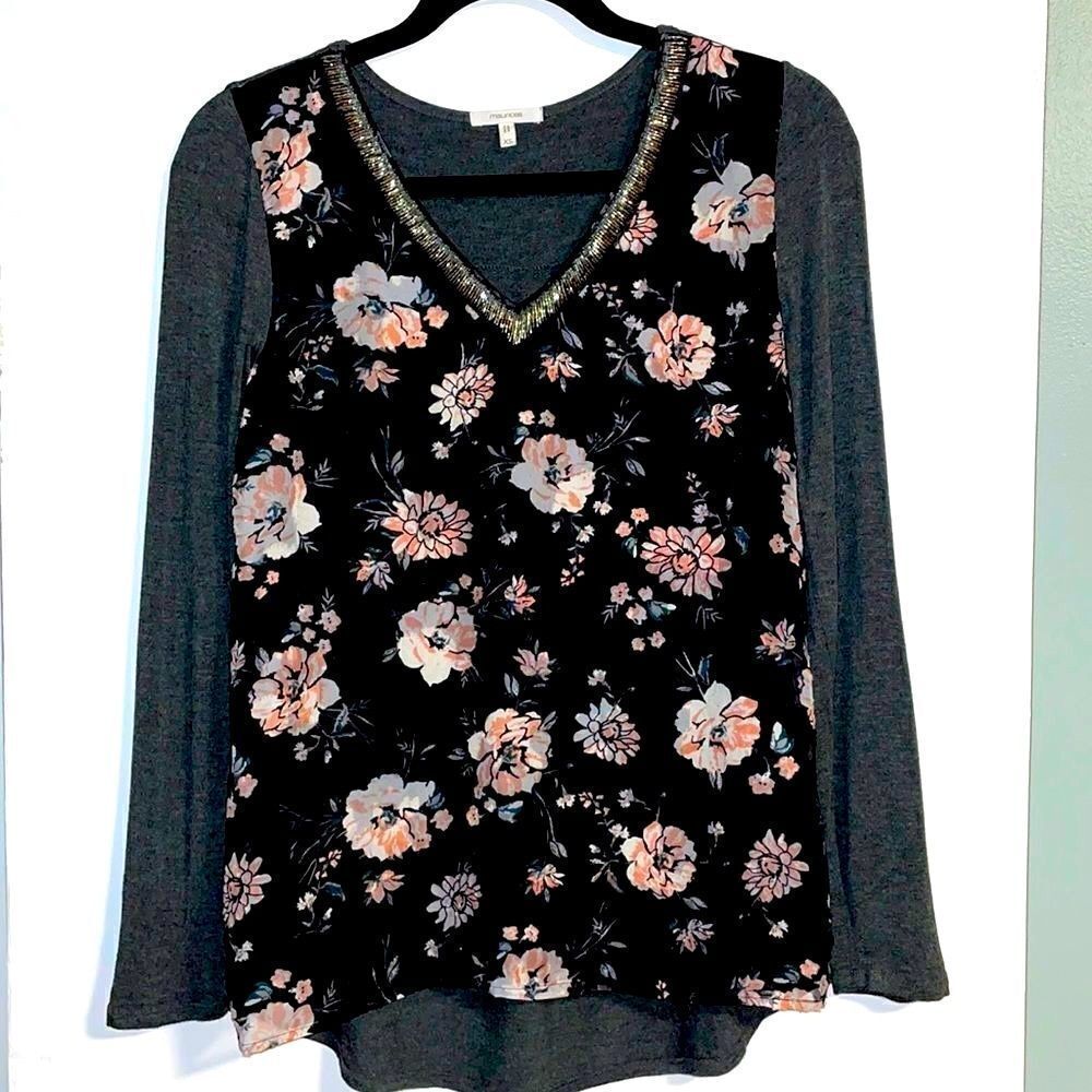 Maurices beaded V-neck long sleeve with floral sheer overlay on lined front XS